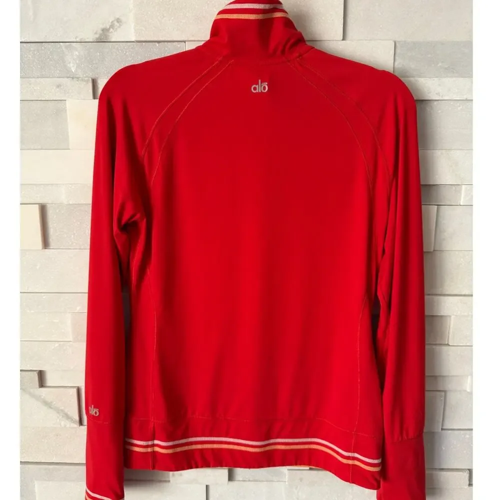 ALO YOGA COOLFIT Full Zip Stand Collar Stripe Detailed Nylon Track Jacket S Red
